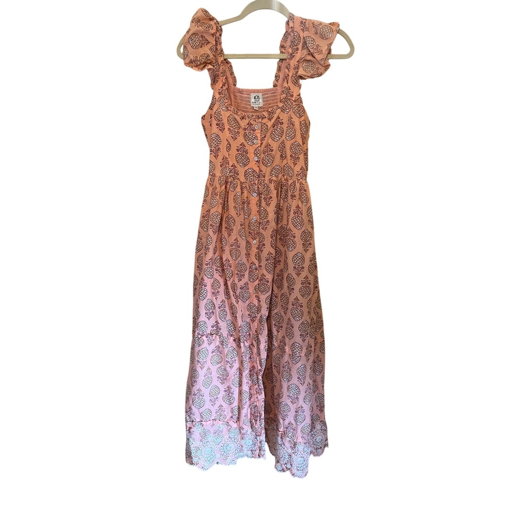 Pineapple Resortwear Summer Vacation Smocked Maxi Dress Peach Cotton Eyelet XS